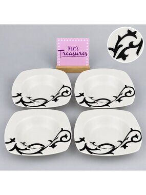 Coventry SCROLL BLACK White Porcelain Square No Trim Large Rim Soup Bowls Set 4